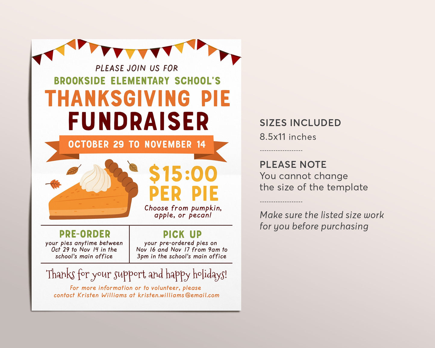 Thanksgiving Pie Fundraiser Flyer Editable Template, Fall Pumpkin Pie Invitation Bake Sale, School PTO PTA, Church Community Pie Drive