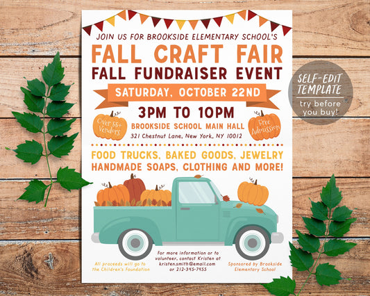 Fall Festival Harvest Flyer Editable Template, Fall Craft Fair Market, Community Church School Fundraiser Event, Autumn Festival, Pumpkins