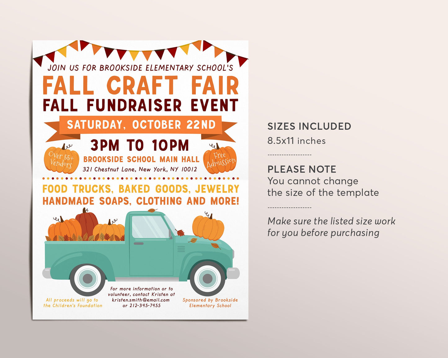 Fall Festival Harvest Flyer Editable Template, Fall Craft Fair Market, Community Church School Fundraiser Event, Autumn Festival, Pumpkins