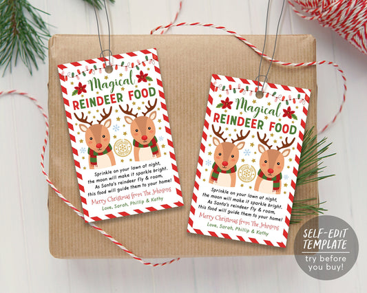 Magical Reindeer Food Tag Editable Template, Christmas Magic Reindeer Favor Bag Food Tags Labels Printable, Christmas Eve Traditions Box