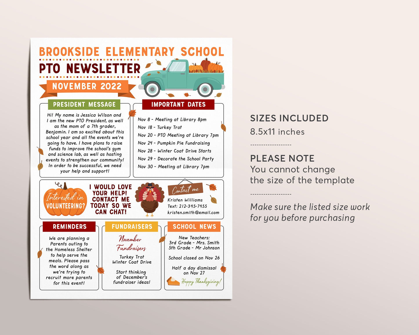 November PTO PTA Newsletter Flyer Editable Template, Back to School Meeting Agenda Printable Handout, Seasonal Fall School Year Classroom