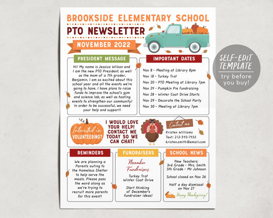 November PTO PTA Newsletter Flyer Editable Template, Back to School Meeting Agenda Printable Handout, Seasonal Fall School Year Classroom