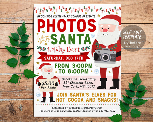 Photos with Santa Flyer Editable Template, Picture With Santa, Holiday Santa Christmas Party Invitation, Church School PTO PTA Fundraiser