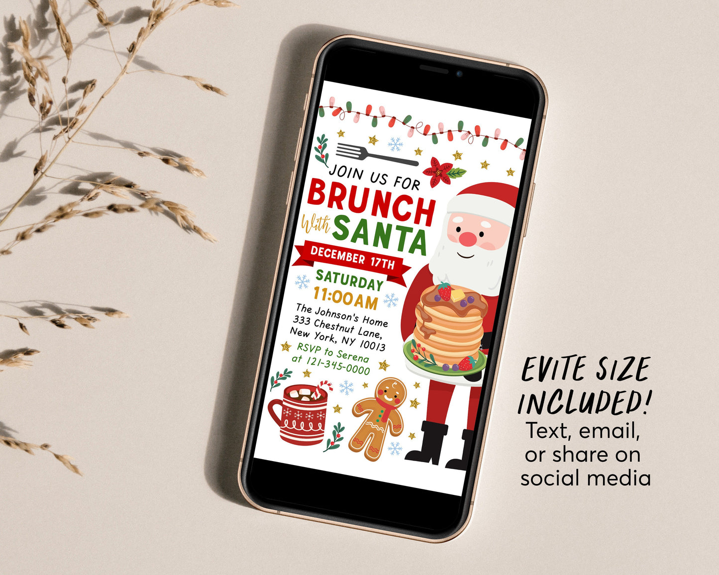 Brunch with Santa Invitation Editable Template, Christmas Party Invite Printable Evite, Holiday Pancakes Breakfast Hot Cocoa Chocolate