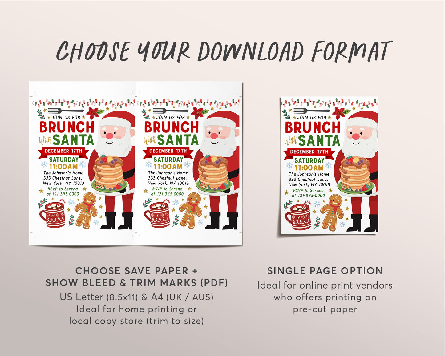 Brunch with Santa Invitation Editable Template, Christmas Party Invite Printable Evite, Holiday Pancakes Breakfast Hot Cocoa Chocolate