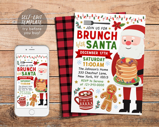 Brunch with Santa Invitation Editable Template, Christmas Party Invite Printable Evite, Holiday Pancakes Breakfast Hot Cocoa Chocolate