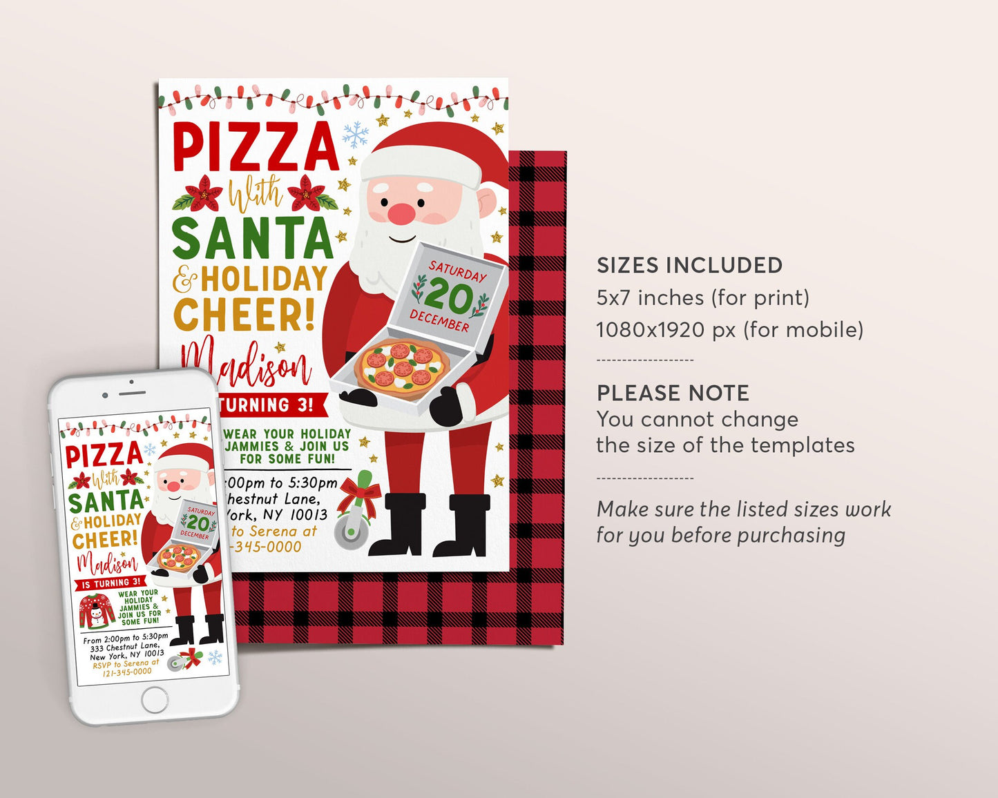 Pizza With Santa Invitation Editable Template, Pizza and Pajamas Christmas Party Invite Printable Evite, Holiday Kids Sleepover Party