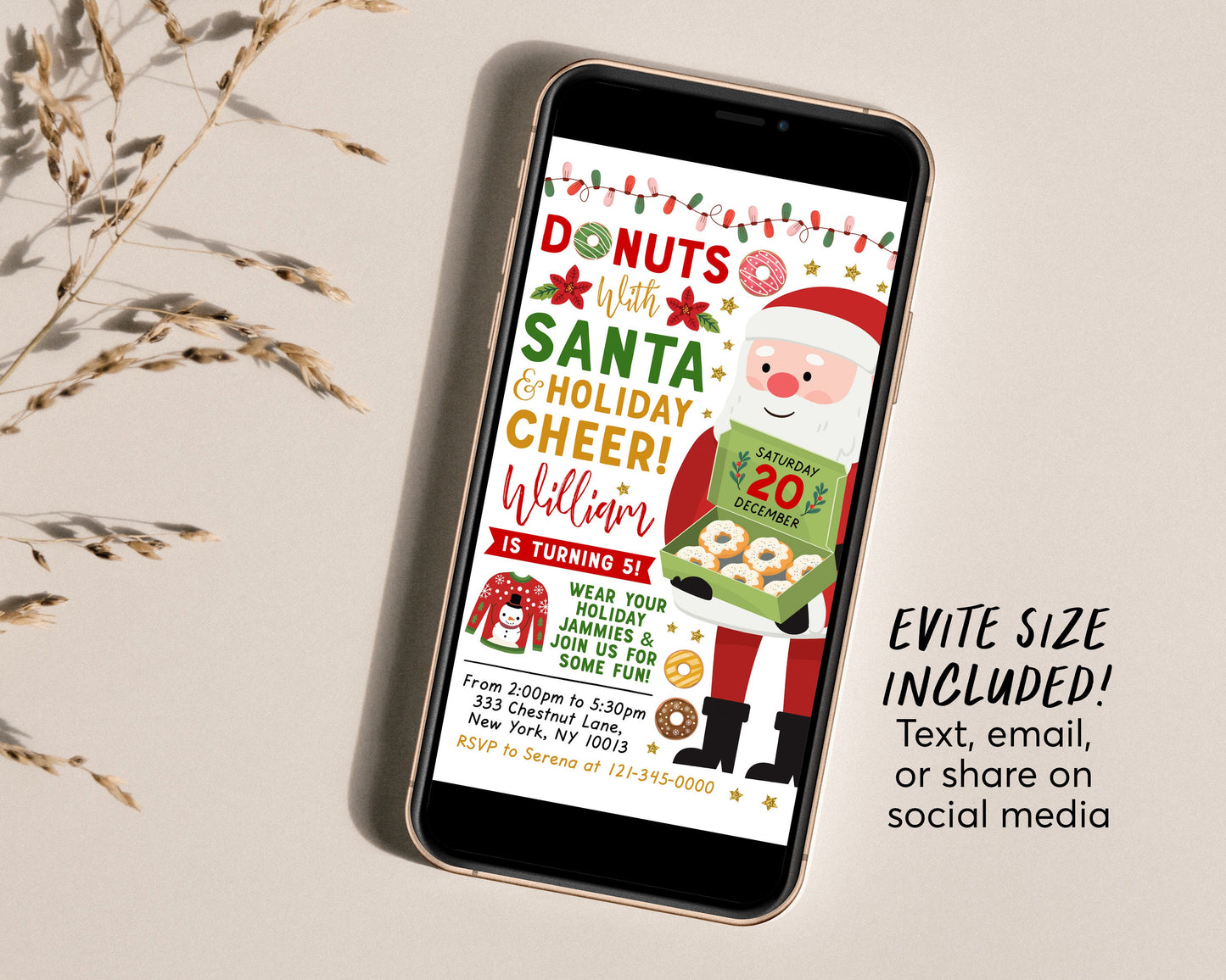 Donuts With Santa Invitation Editable Template, Donuts and Pajamas Christmas Party Invite Donuts and PJs , Holiday Kids Sleepover Party