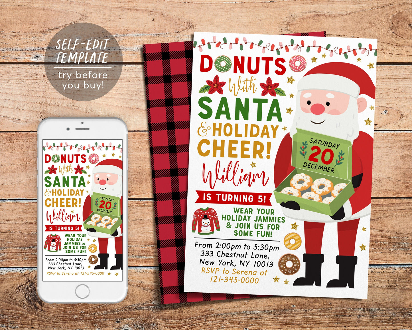 Donuts With Santa Invitation Editable Template, Donuts and Pajamas Christmas Party Invite Donuts and PJs , Holiday Kids Sleepover Party