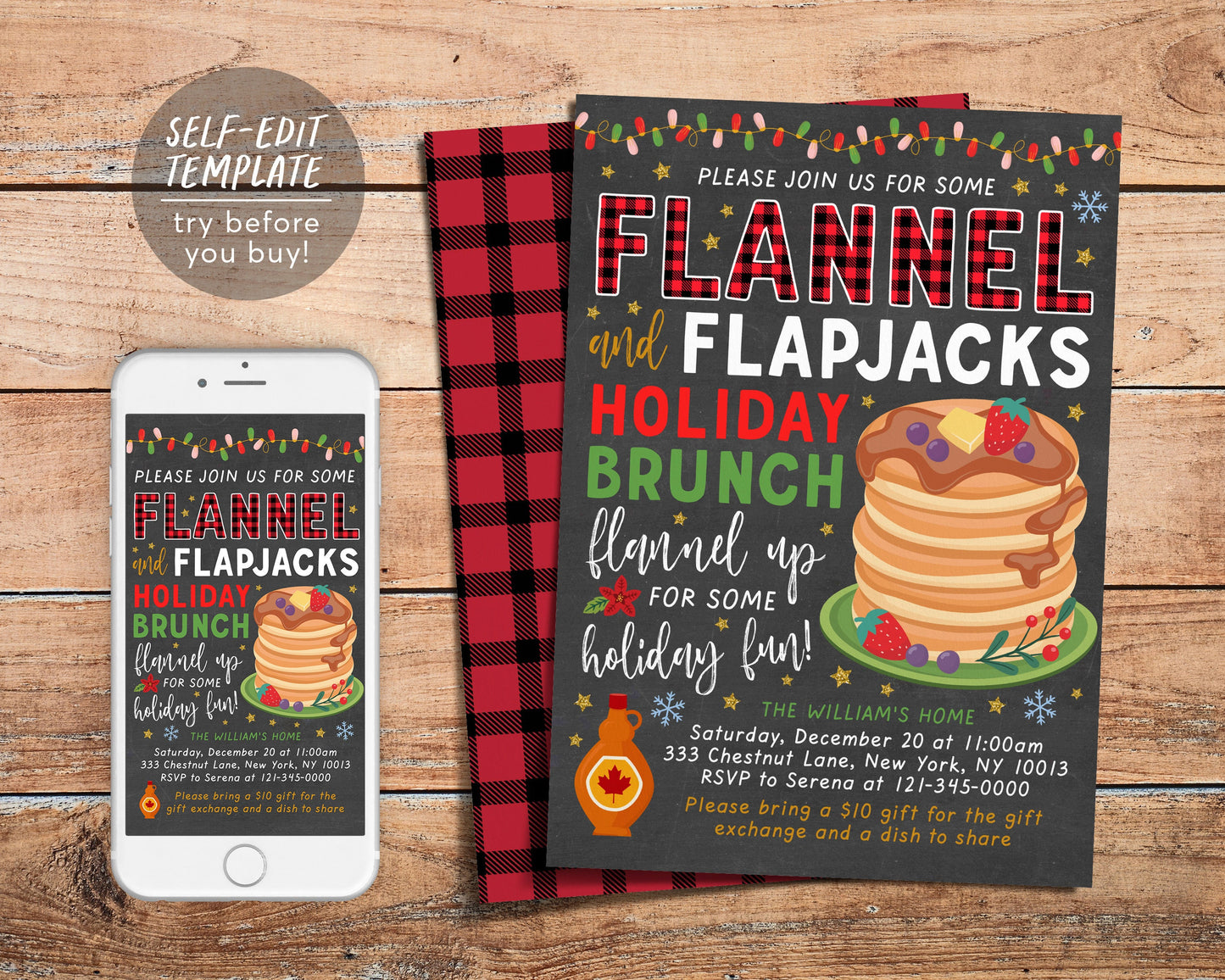 Flannel and Flapjacks Holiday Brunch Invitation Editable Template, Pancakes and Pajamas Christmas, Xmas Party Buffalo Plaid Holiday Invite