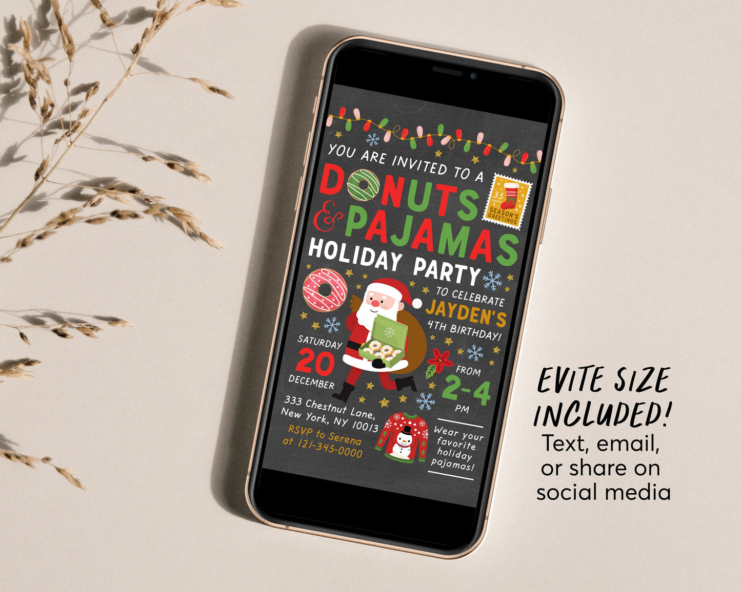 Donuts and Pajamas Party Invitation Editable Template, Holiday Brunch Birthday Party Invite, Kids PJs Sleepover Party Printable Santa