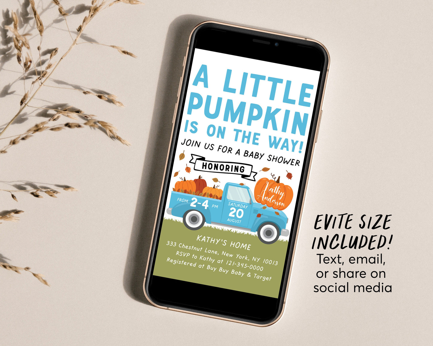 Fall Blue Pumpkin Pickup Truck Baby Shower Invitation Editable Template, Little Pumpkin Baby Shower Invite, Fall Boy Baby Shower Autumn