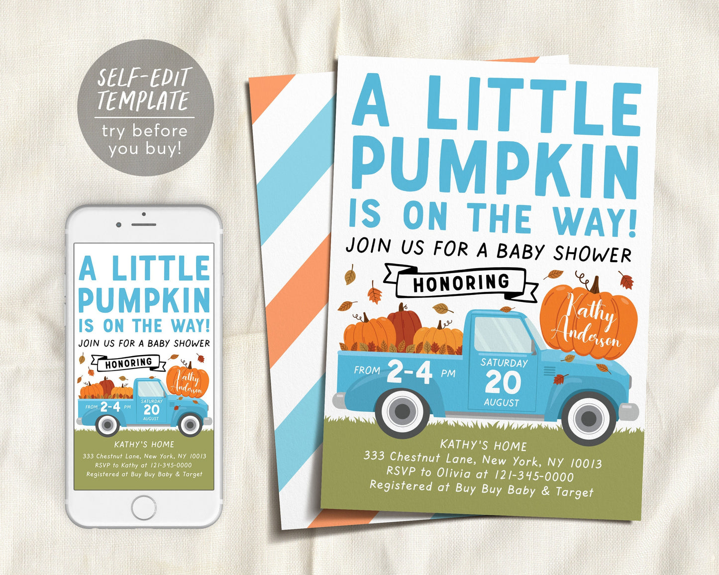 Fall Blue Pumpkin Pickup Truck Baby Shower Invitation Editable Template, Little Pumpkin Baby Shower Invite, Fall Boy Baby Shower Autumn