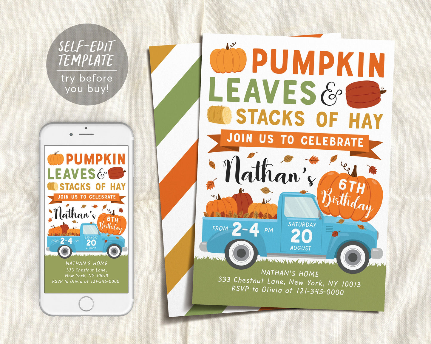 Fall Pumpkin Truck Birthday Invitation Editable Template, Boy Blue Fall Harvest Truck Party, Autumn 1st First Birthday Invite, Patch Evite