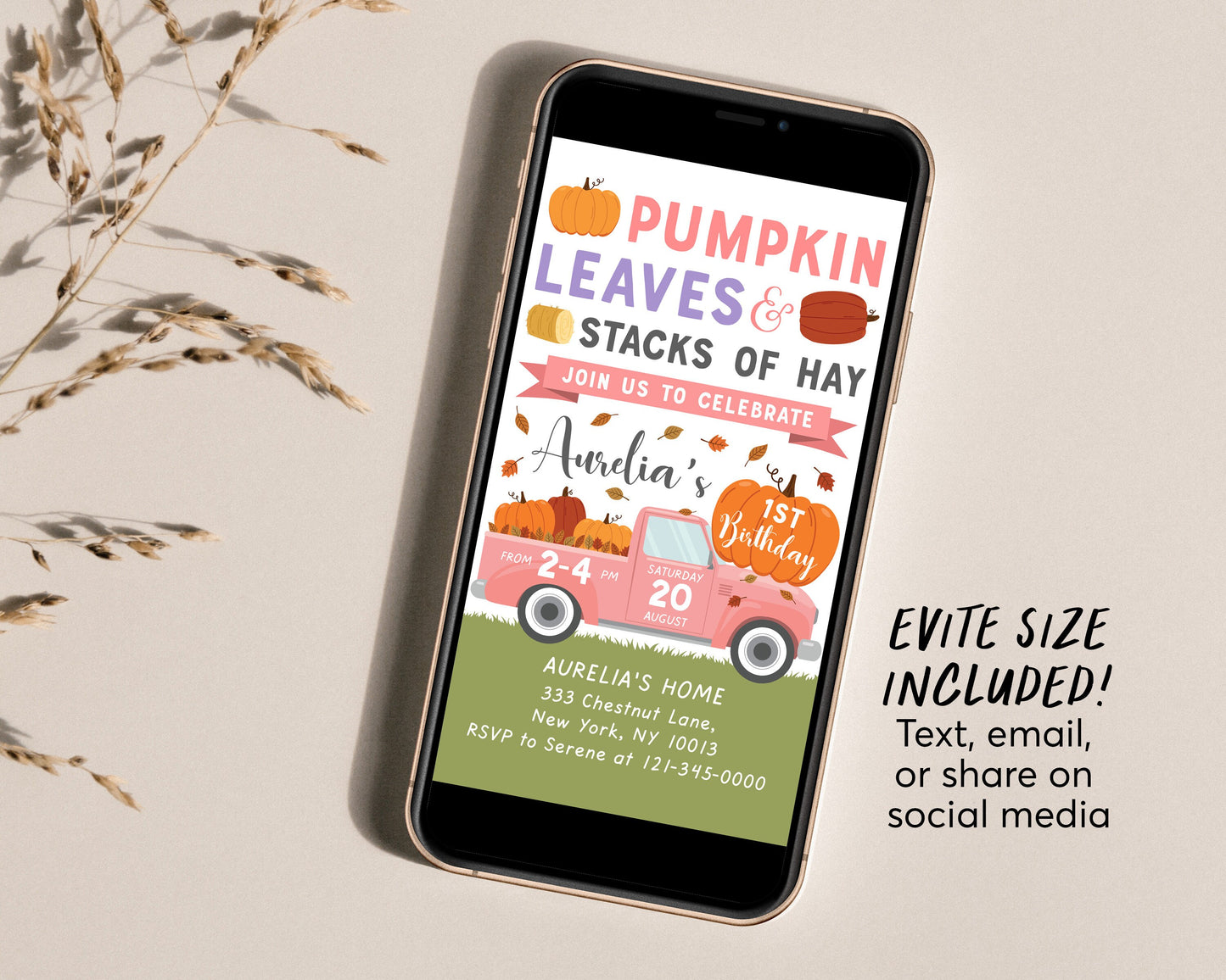 Fall Pumpkin Truck Birthday Invitation Editable Template, Girl Pink Fall Harvest Truck Party, Autumn 1st First Birthday Invite, Patch Evite