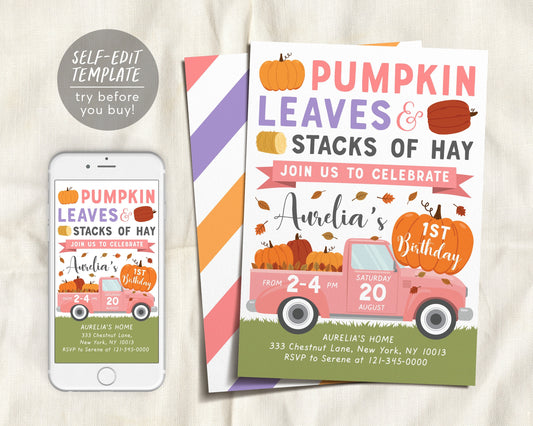 Fall Pumpkin Truck Birthday Invitation Editable Template, Girl Pink Fall Harvest Truck Party, Autumn 1st First Birthday Invite, Patch Evite