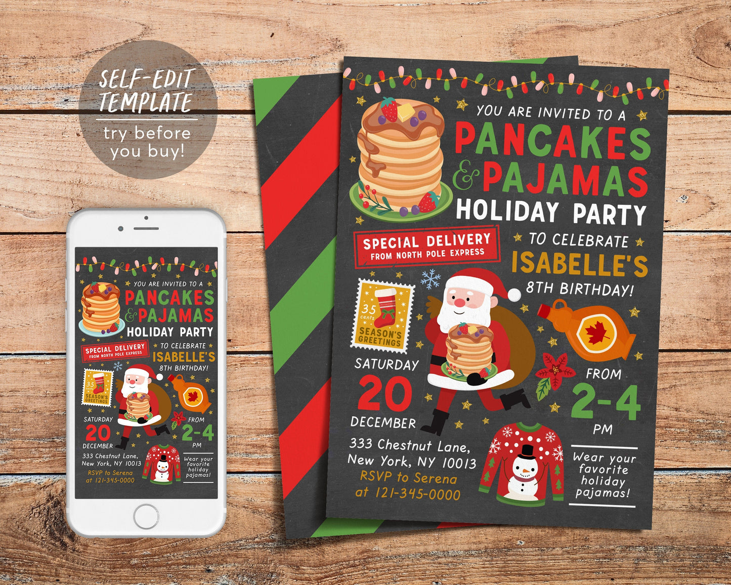 Christmas Pancakes and Pajamas Party Invitation Editable Template, Holiday Pancakes Birthday Party Invite, Kids Sleepover Party Printable