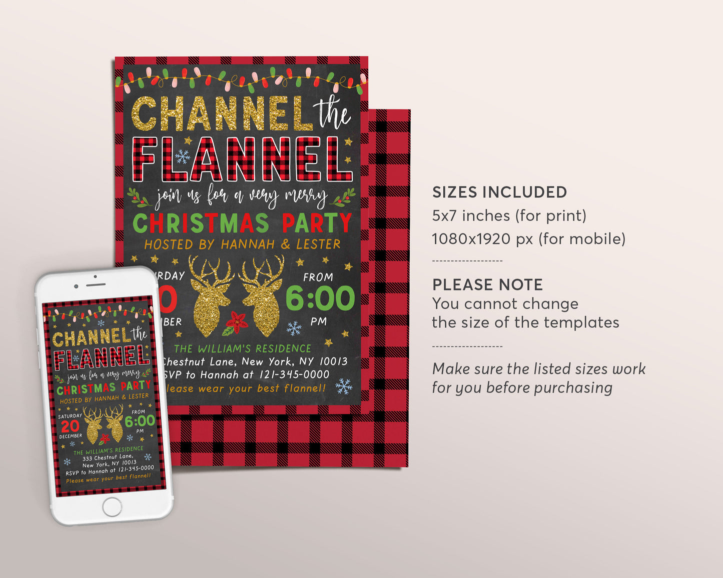 Channel the Flannel Christmas Party Invitation Editable Template, Buffalo Plaid Lumberjack Holiday Party Invite Flannel and Frost Chalkboard