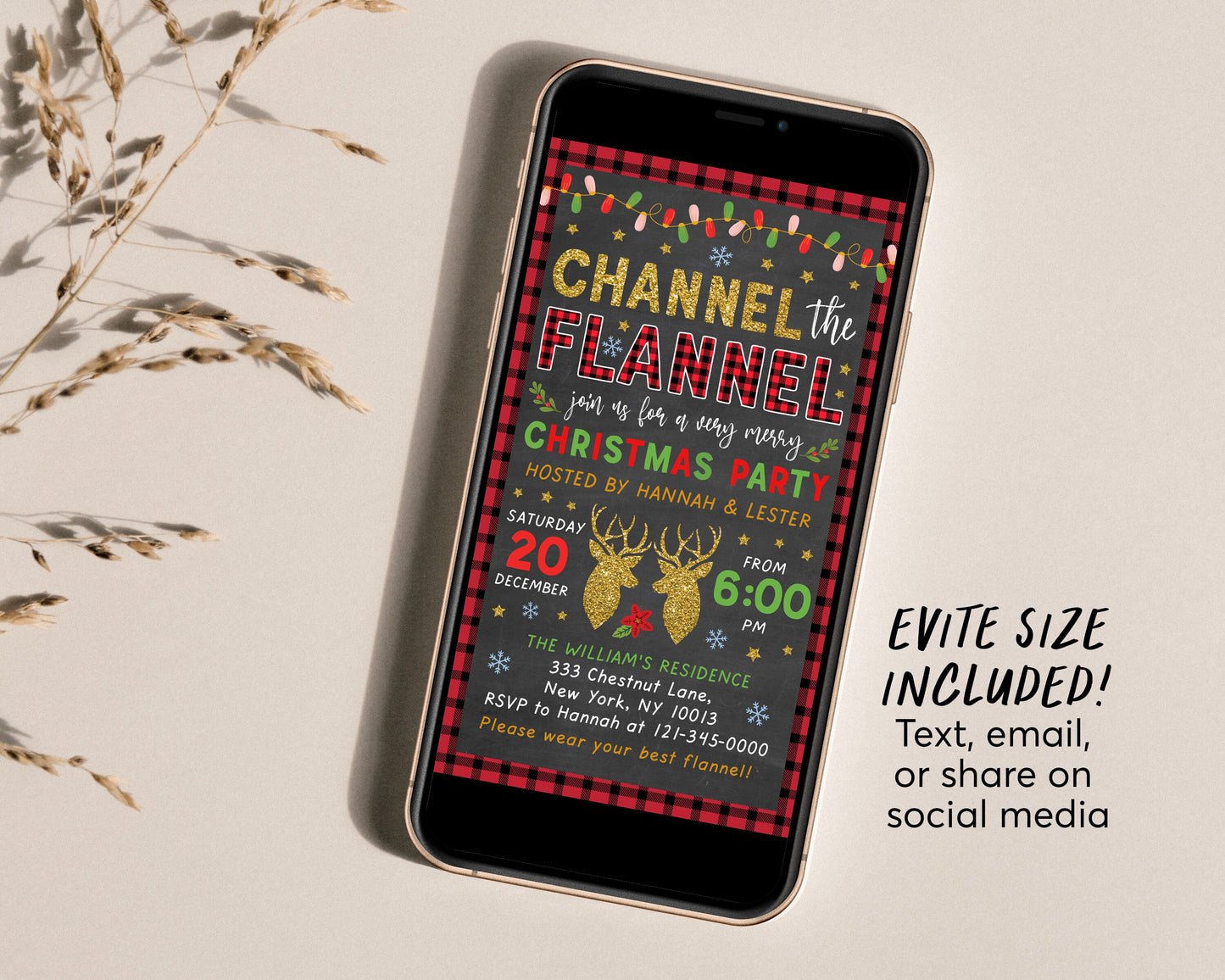 Channel the Flannel Christmas Party Invitation Editable Template, Buffalo Plaid Lumberjack Holiday Party Invite Flannel and Frost Chalkboard