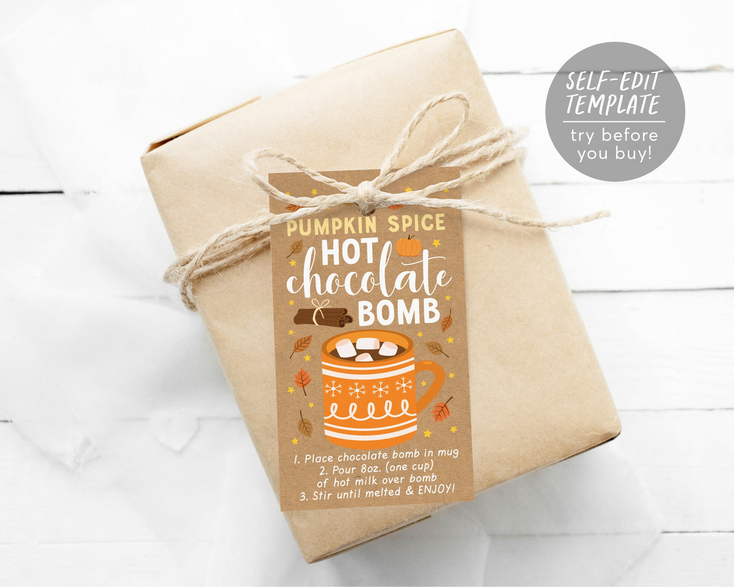 Pumpkin Spice Hot Chocolate Bomb Tags Editable Template, Hot Cocoa Bomb Instructions Favor Tags, Fall Autumn Thanksgiving You're The Bomb