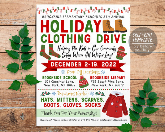 Holiday Clothing Drive Flyer Editable Template, Charity Church Fundraiser Printable PTA PTO, Christmas Cold Coat Jacket Donations Flyer