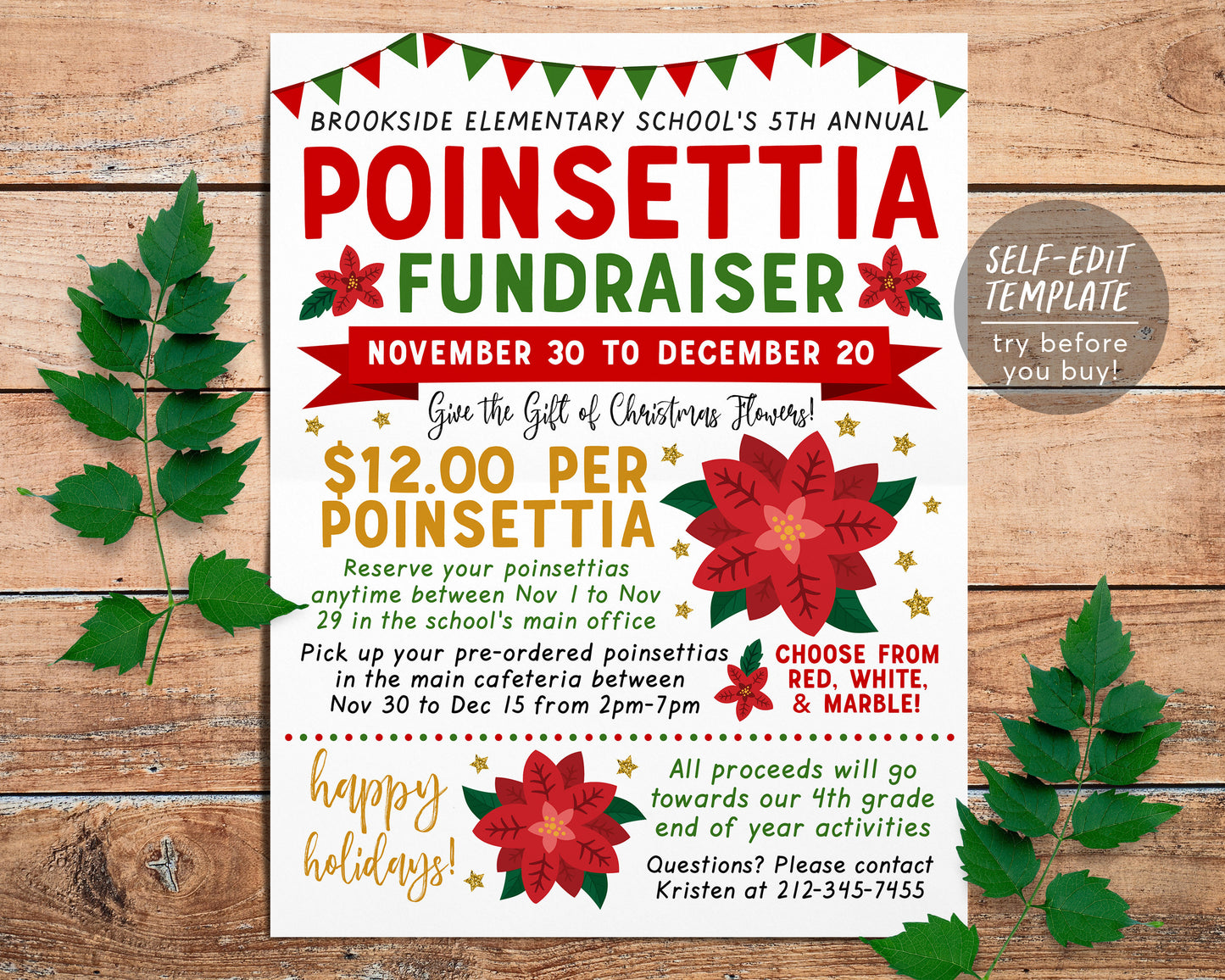 Poinsettia Fundraiser Flyer Editable Template, Christmas Poinsettia Sale, Holiday Plant Flower Sale, School Church PTO PTA Charity