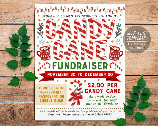 Christmas Candy Cane Fundraiser Flyer Editable Template, Holiday Community Event Invitation Printable, Xmas Event Church School PTO PTA