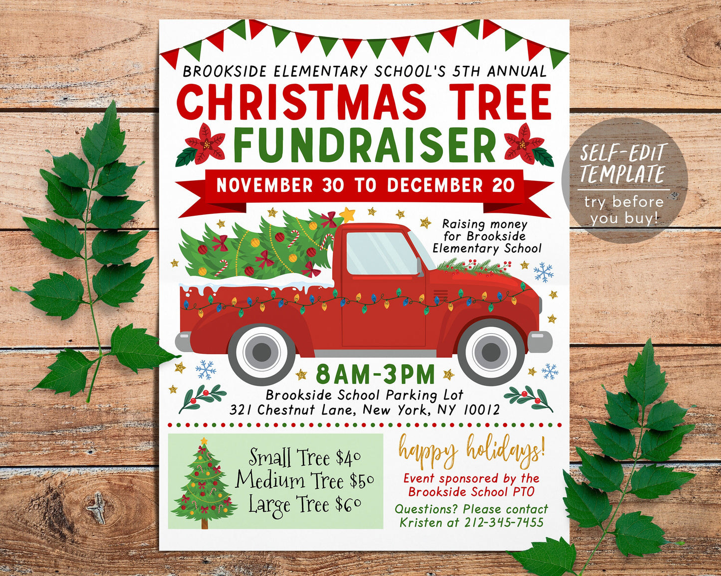 Christmas Tree Fundraiser Flyer Editable Template, Holiday Plant Sale, School Church PTO PTA Charity Nonprofit Printable, Community Xmas
