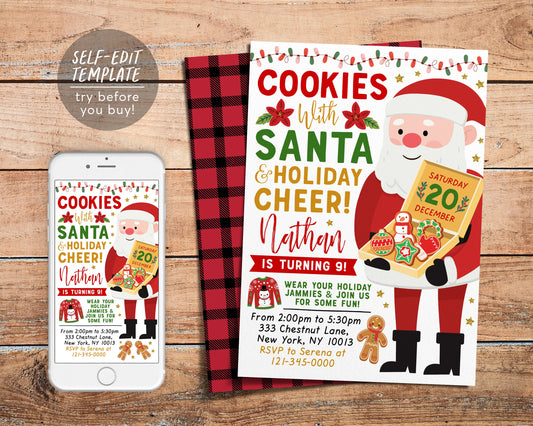 Cookies With Santa Invitation Editable Template, Cookies and Pajamas Christmas Birthday Invite Printable Evite, Holiday Kids Sleepover Party
