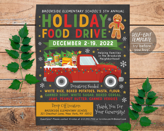 Holiday Food Drive Flyer Invitation Editable Template, Christmas Xmas Food Drive Poster, Nonprofit Charity Community Donation Event