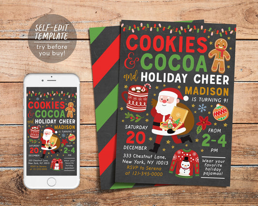 Cookies And Cocoa Birthday Invitation Editable Template, Cookies With Santa Christmas Invite Printable Evite, Cookie Swap Exchange