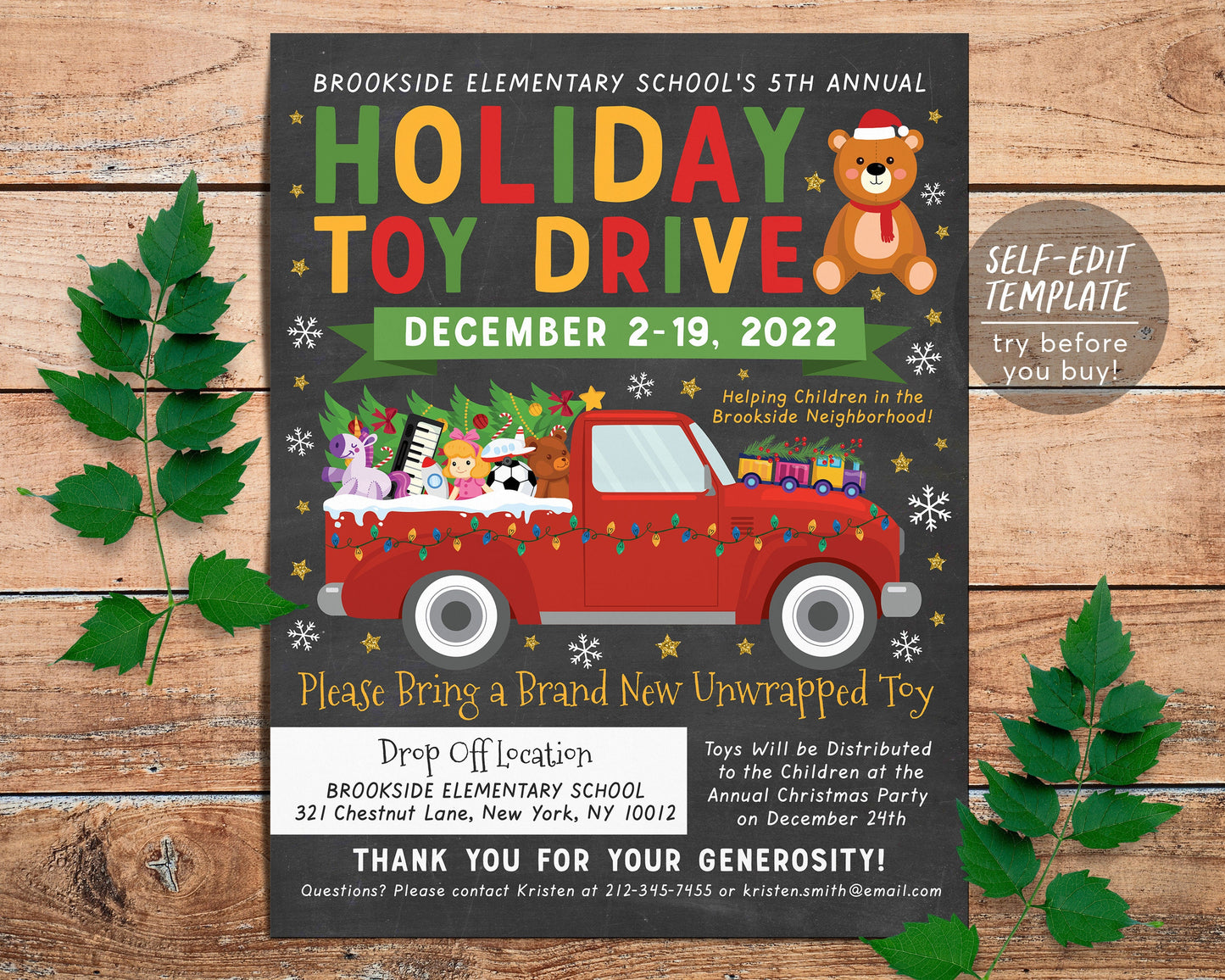 Holiday Toy Drive Flyer Editable Template, PTO PTA School Xmas Invitation Flyer, Christmas Church Nonprofit Charity Community Donation Event