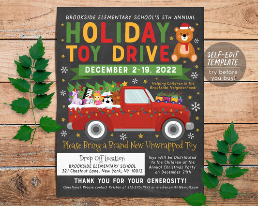 Holiday Toy Drive Flyer Editable Template, PTO PTA School Xmas Invitation Flyer, Christmas Church Nonprofit Charity Community Donation Event