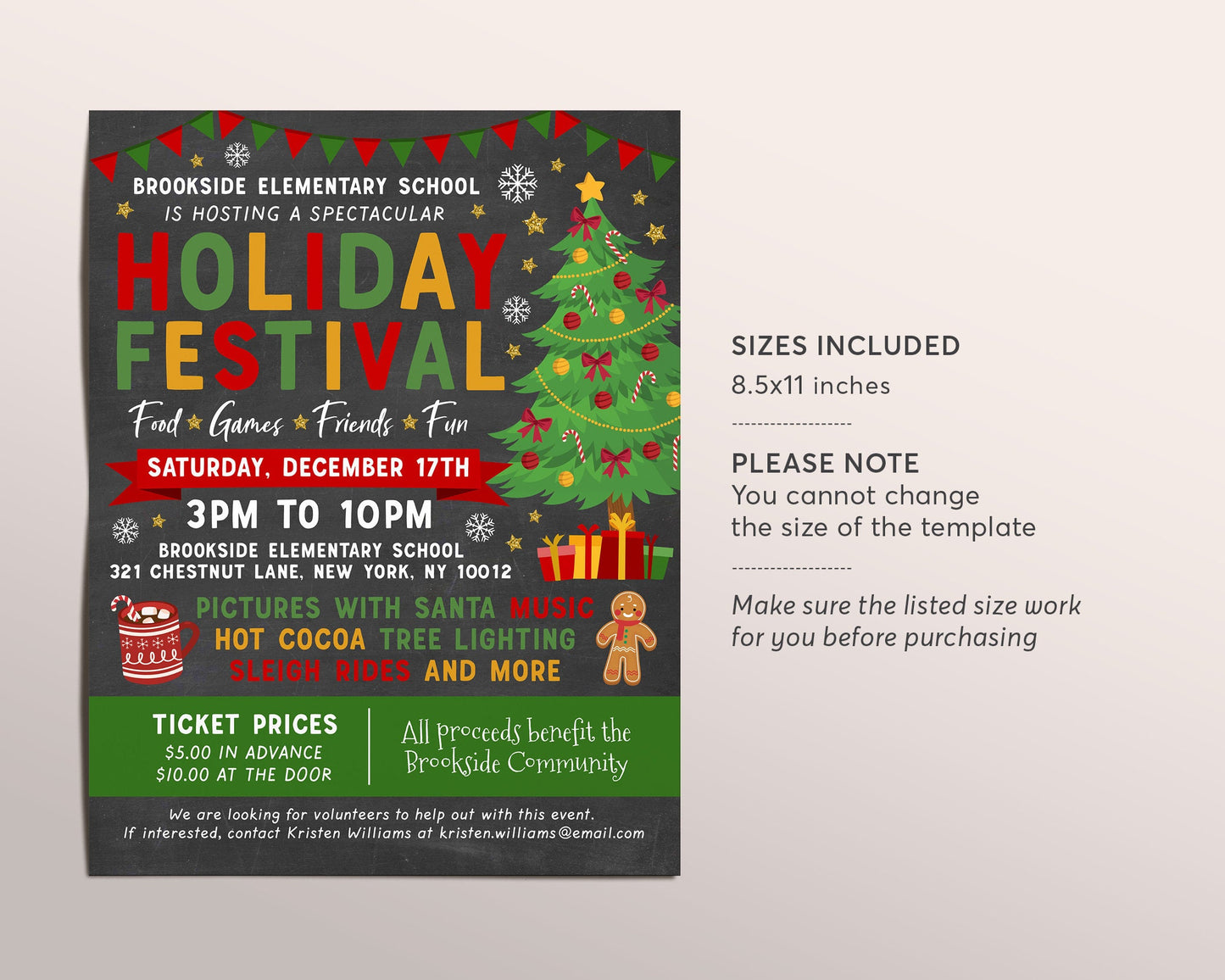 Holiday Festival Christmas Flyer Editable Template, Christmas Chalkboard Invitation Community Xmas Event, Church School PTO PTA Fundraiser