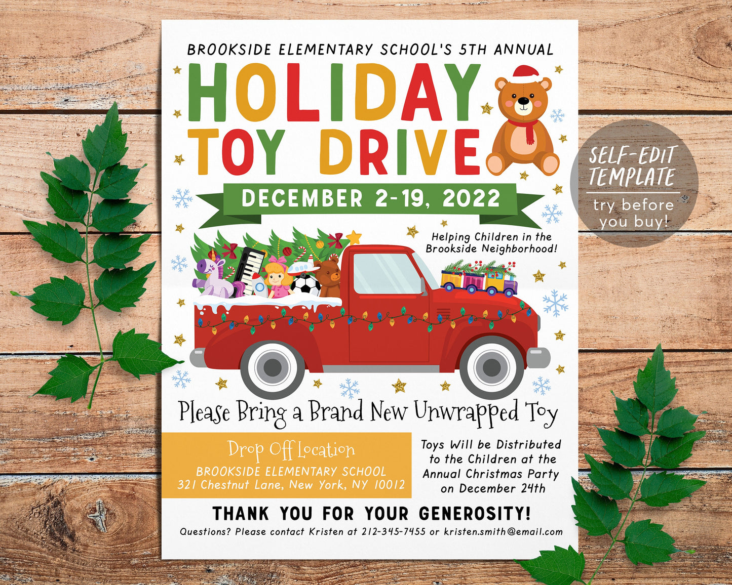 Holiday Toy Drive Flyer Editable Template, PTO PTA School Xmas Invitation Flyer, Christmas Church Nonprofit Charity Community Donation Event
