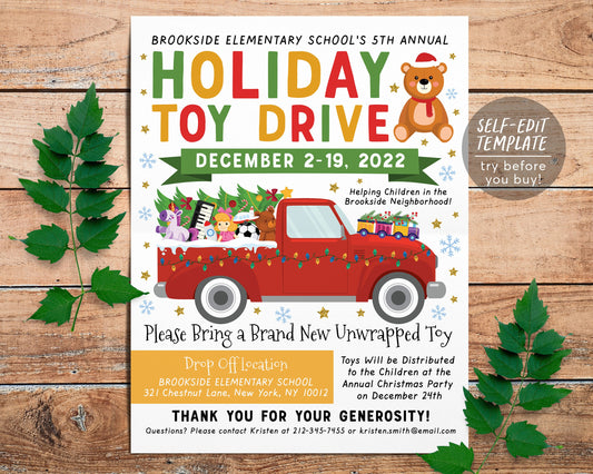 Holiday Toy Drive Flyer Editable Template, PTO PTA School Xmas Invitation Flyer, Christmas Church Nonprofit Charity Community Donation Event