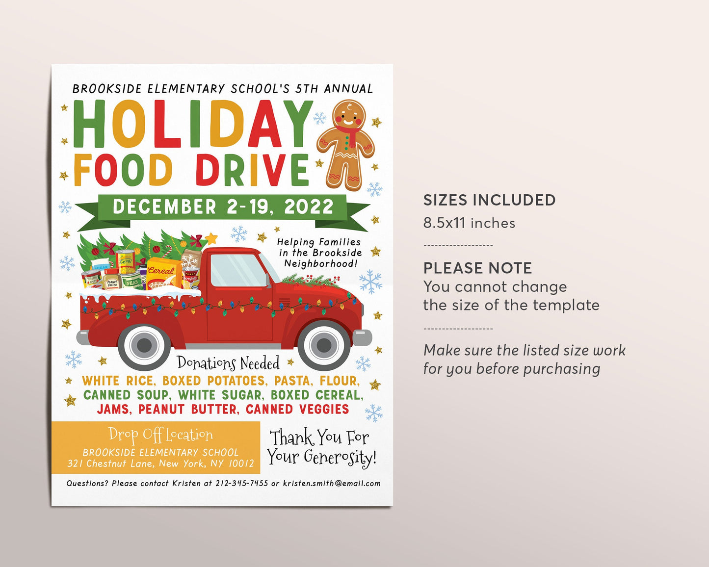 Holiday Food Drive Flyer Invitation Editable Template, Christmas Xmas Food Drive Poster, Nonprofit Charity Community Donation Event