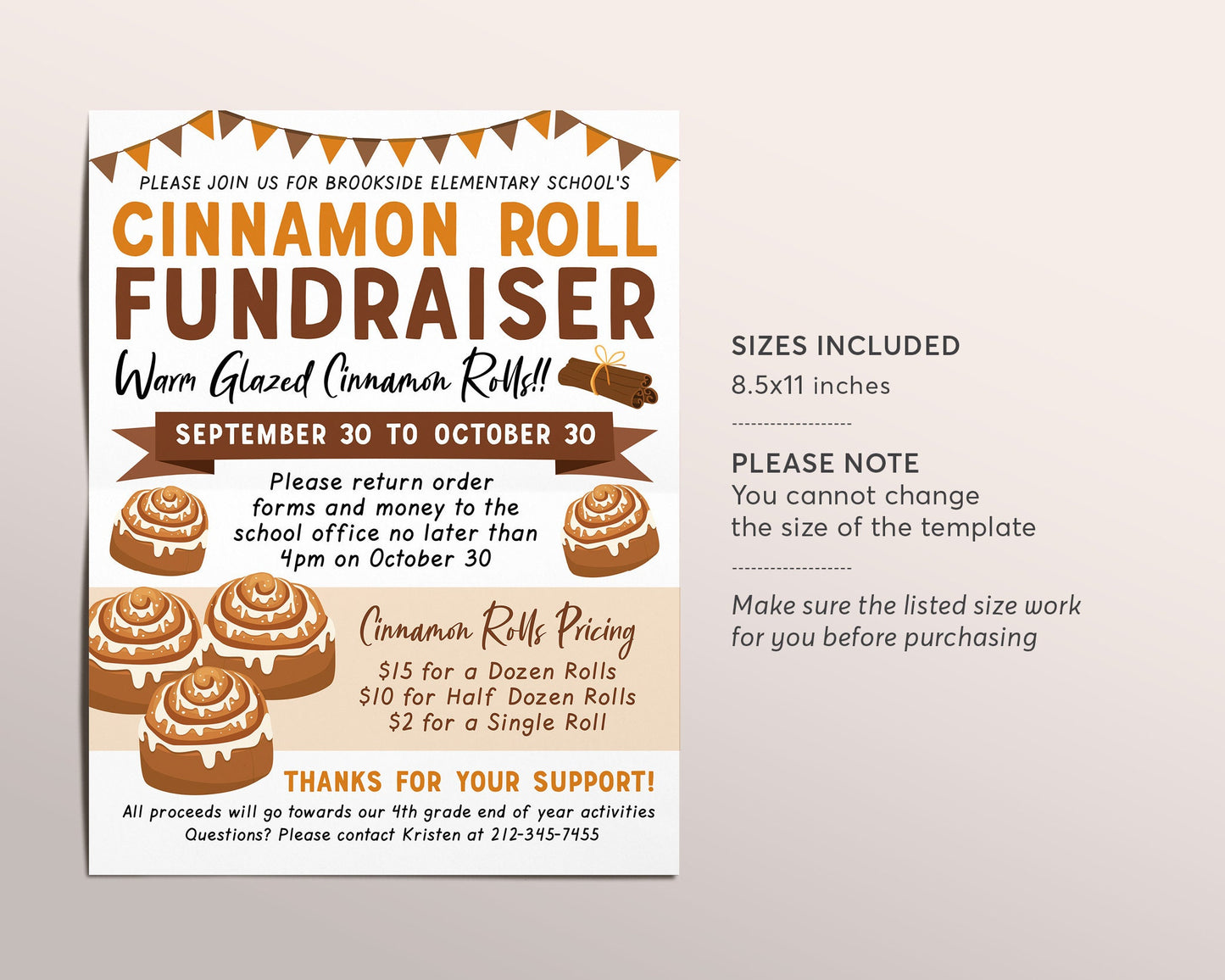 Cinnamon Roll Fundraiser Flyer Editable Template, Cinnamon Buns Sticky Bun, School Church PTA PTO Sports Team Charity Event Bake Sale