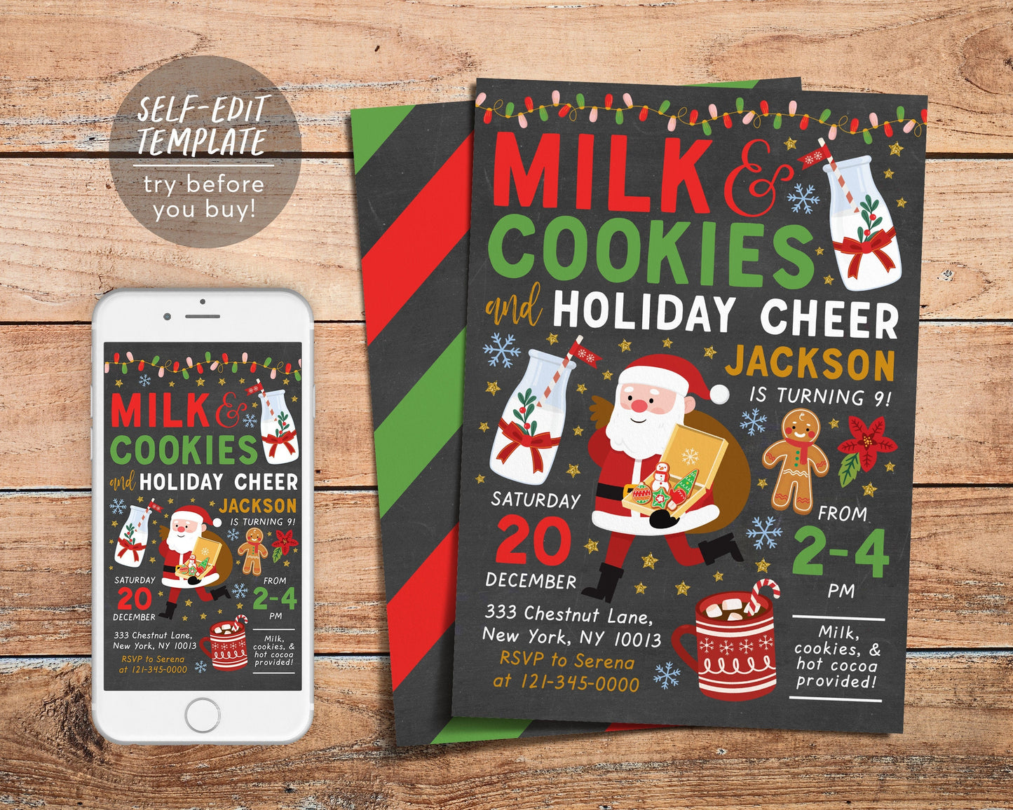 Milk and Cookies Christmas Party Kids Invitation Editable Template, Xmas Birthday Invite, Holiday Milk and Cookies Party, Cookie Decorating