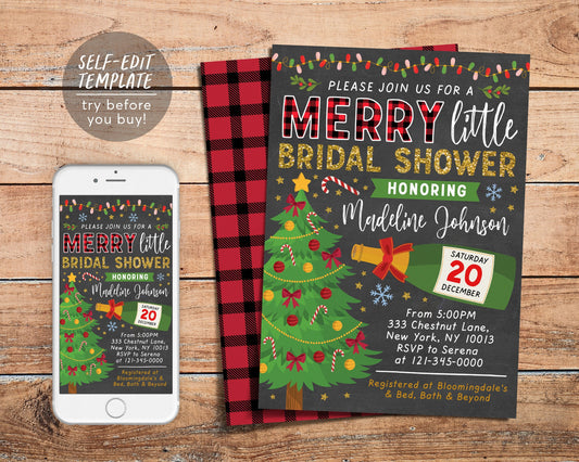 Merry Little Bridal Shower Invitation Editable Template, Holiday Christmas Bridal Shower Invite, Flannel and Prosecco Champagne Bachelorette