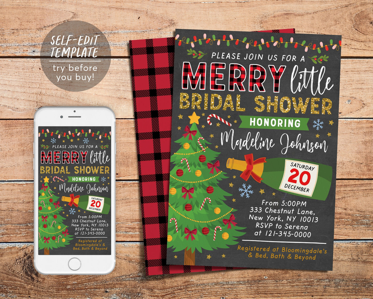 Merry Little Bridal Shower Invitation Editable Template, Holiday Christmas Bridal Shower Invite, Flannel and Prosecco Champagne Bachelorette