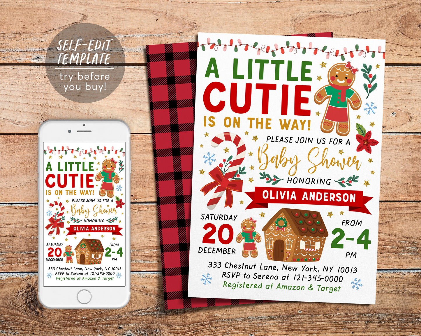 Gingerbread GIRL Baby Shower Invitation Editable Template, A Little Cutie is on the Way, Christmas Xmas Gingerbread House Invite