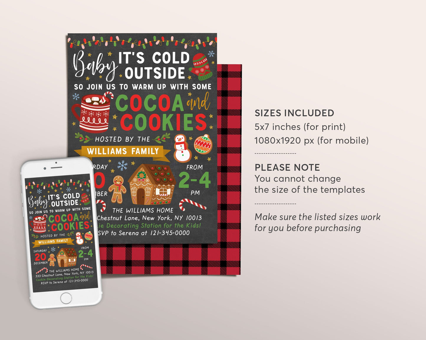 Hot Cocoa And Cookies Christmas Party Invitation Editable Template, Baby Its Cold Outside Xmas Invite, Buffalo Plaid Holiday Party Invite