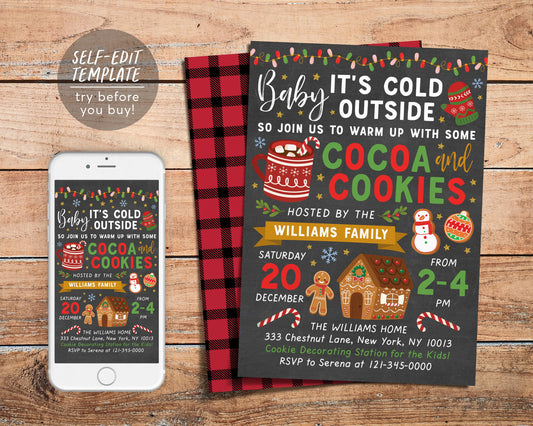 Hot Cocoa And Cookies Christmas Party Invitation Editable Template, Baby Its Cold Outside Xmas Invite, Buffalo Plaid Holiday Party Invite