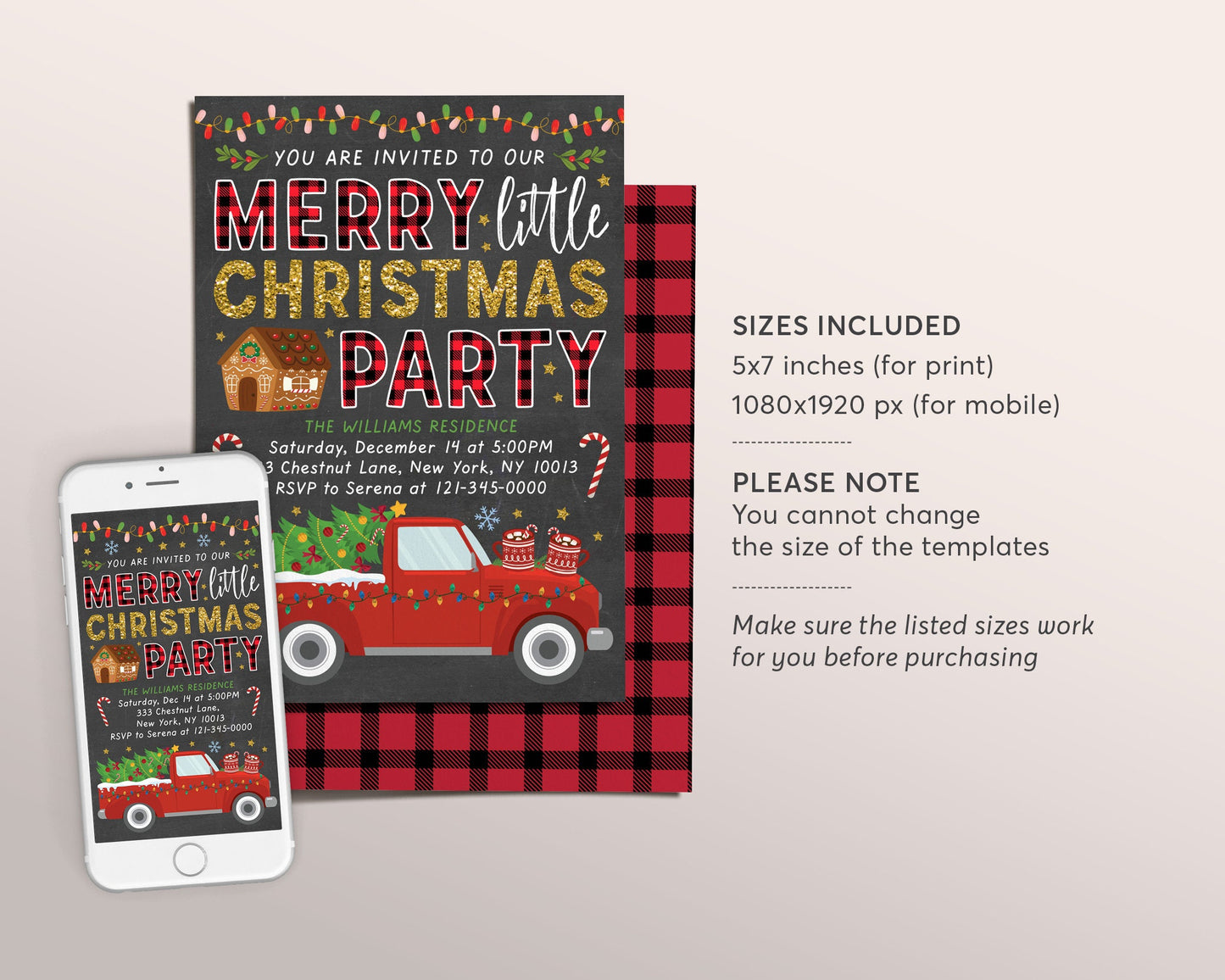 Merry Little Christmas Party Invitation Editable Template, Christmas Tree Truck Invite, Xmas Buffalo Plaid Holiday Party Invite For Adults