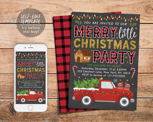 Merry Little Christmas Party Invitation Editable Template, Christmas Tree Truck Invite, Xmas Buffalo Plaid Holiday Party Invite For Adults