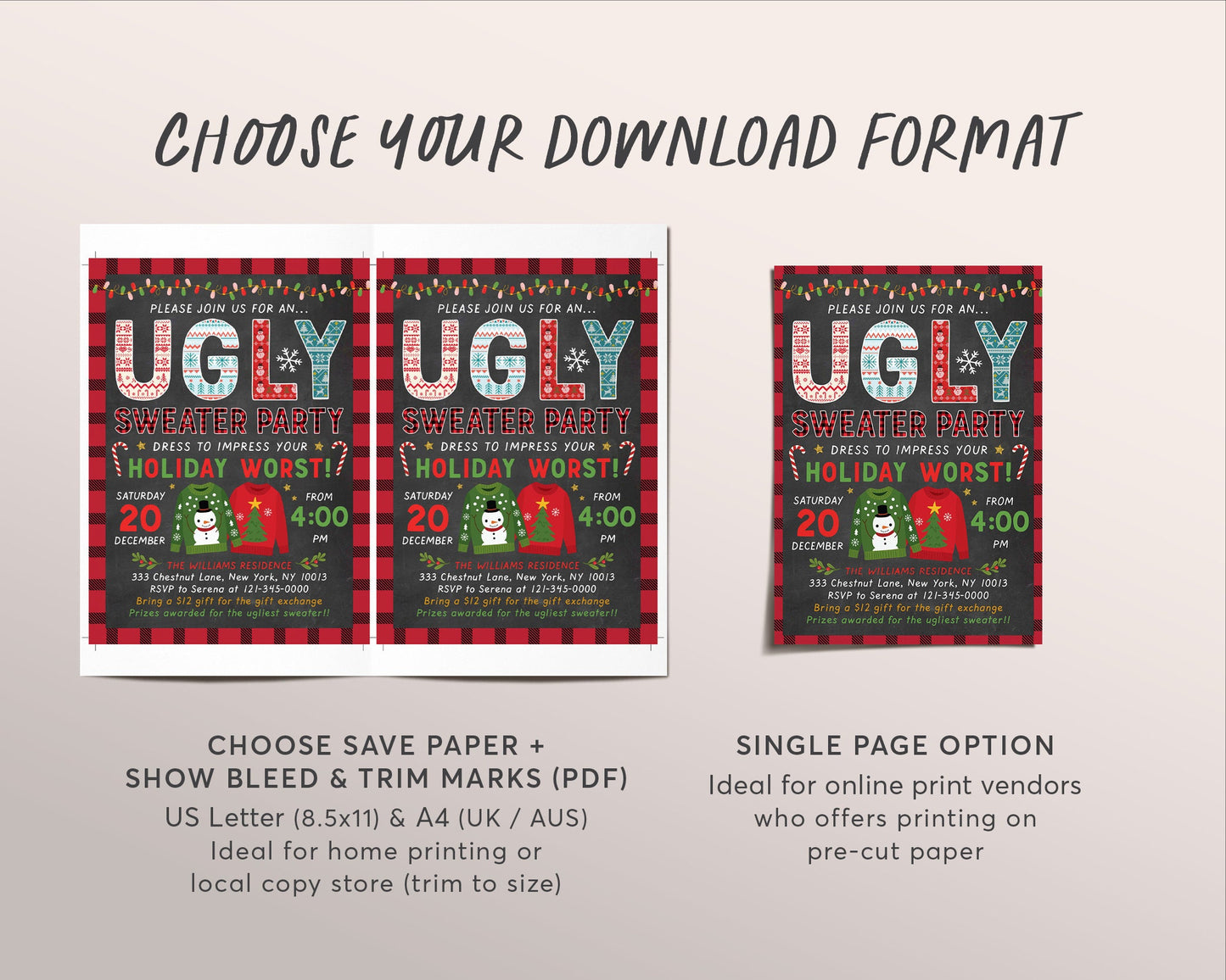 Ugly Christmas Sweater Party Invitation Editable Template, Xmas Party Invite For Adults, Holiday Ugly Sweater, Eat Drink And Be Ugly