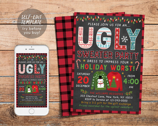 Ugly Christmas Sweater Party Invitation Editable Template, Xmas Party Invite For Adults, Holiday Ugly Sweater, Eat Drink And Be Ugly