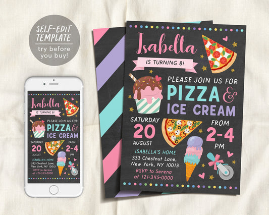 Pizza and Ice Cream Birthday Party Invitation Editable Template, Chalkboard Kids Ice Cream Party Invite, Girl Teen Tween Printable