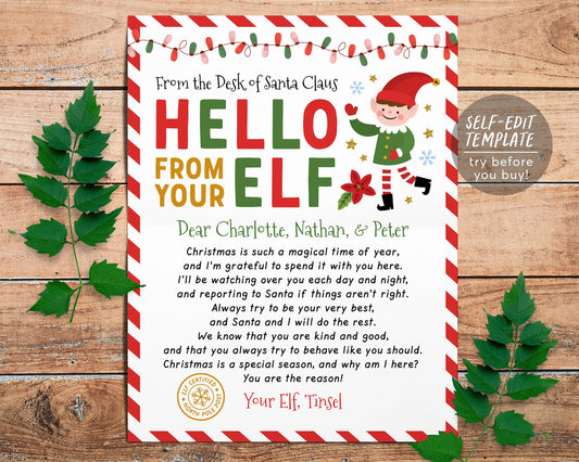 Hello Letter from Elf Editable Template, Elf Arrival Note, First Time New Elf Visiting Letter, Christmas  Welcome Letter